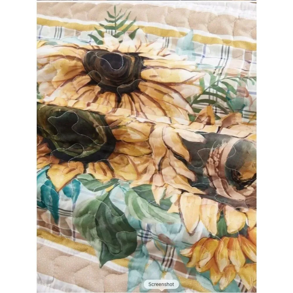Sunflower Patch Plaid Quilted Queen Quilt Set Cottagecore Farmhouse